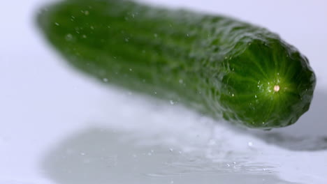 Courgette-falling-on-wet-white-background