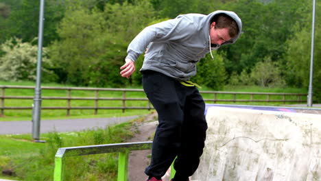 Young-skateboarder-skating-the-outdoor-skatepark