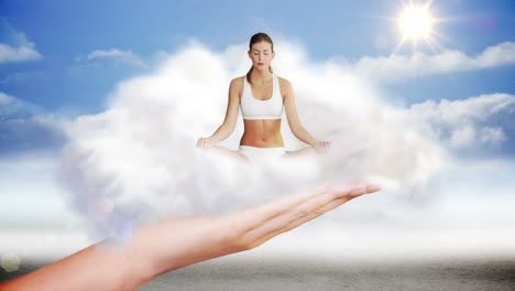 Riesige-Hand-Präsentiert-Frau-Beim-Yoga