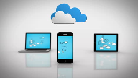 Media-devices-showing-businessman-progressing-under-clouds