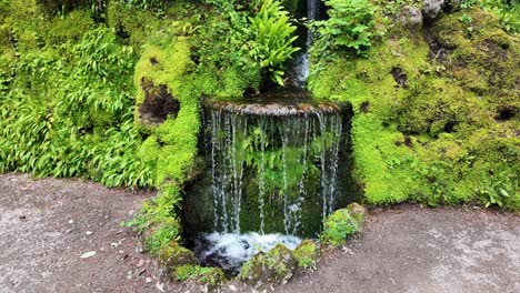 Japanischer-Garten-In-Powerscourt-Wicklow,-Dekorativer-Wasserfall-Mit-Leuchtend-Grünem-Moos-Und-Flechten,-Powerscourt-Gardens-In-Wicklow