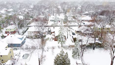 Aerial-drone-shot-descending-down-on-houses-in-a-residential-neighborhood,-the-rooftops,-trees-and-gardens-completely-covered-in-white-snow-and-ice-after-a-recent-blizzard