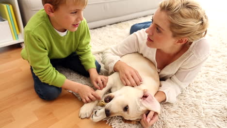 Feliz-Madre-E-Hijo-Jugando-Con-Cachorro-En-La-Alfombra