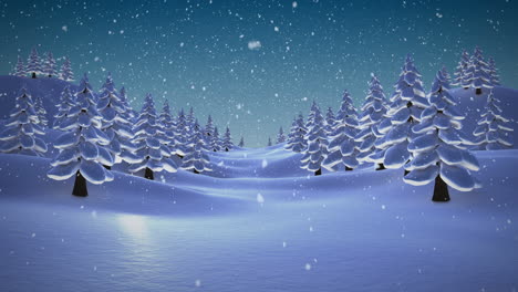 Snow-falling-on-fir-tree-forest-at-night