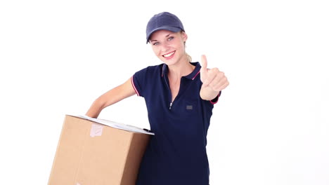 Pretty-blonde-delivery-woman-smiling-at-camera