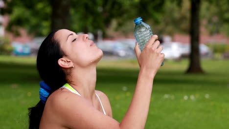 Bonita-Morena-Bebiendo-De-Una-Botella-De-Agua.