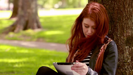 Pretty-redhead-using-tablet-pc-in-the-park-