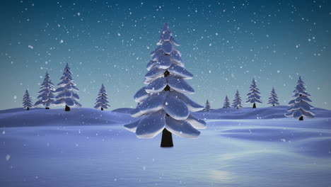 Snow-falling-on-fir-tree-forest-at-night