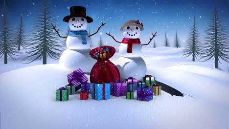 Snowman-and-woman-with-christmas-gifts-in-snowy-landscape