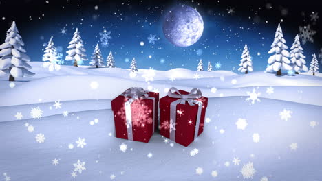 Snow-falling-on-christmas-presents-in-snowy-landscape