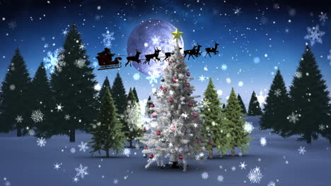 Santa-and-his-sleigh-flying-over-snowy-christmas-tree