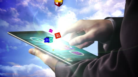 Geschäftsmann-Verwendet-Tablet-Zum-Anzeigen-Holografischer-Apps