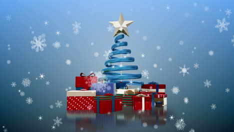 Snowflakes-falling-on-christmas-tree-and-gifts