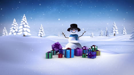 Snowman-with-christmas-gifts-in-snowy-landscape