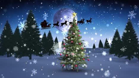 Santa-and-his-sleigh-flying-over-snowy-christmas-tree-looping