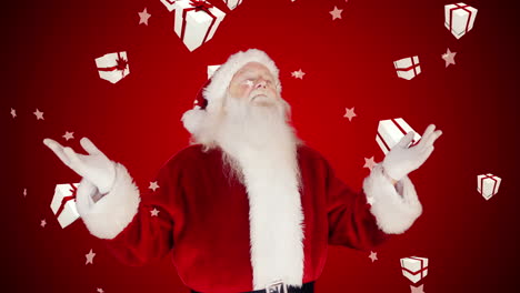 Santa-raising-hands-against-falling-christmas-gifts