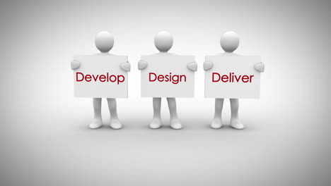 White-characters-showing-signs-saying-develop-design-deliver