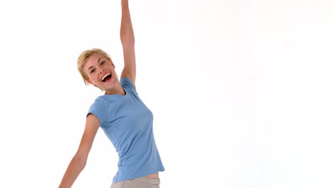 Blonde-woman-jumping-and-smiling