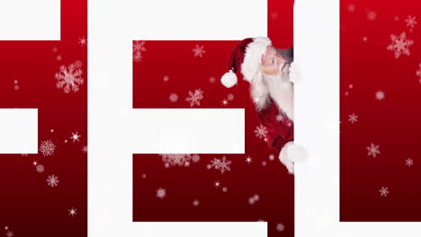 Santa-peeking-around-feliz-navidad-on-festive-background