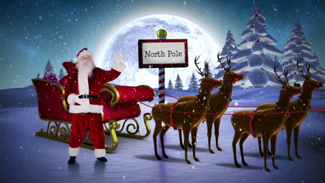 Der-Weihnachtsmann-Winkt-In-Seinem-Schlitten-Mit-Rentieren-Am-Nordpol