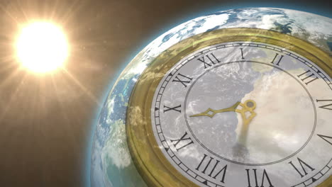 Clock-ticking-against-sun-on-the-earth