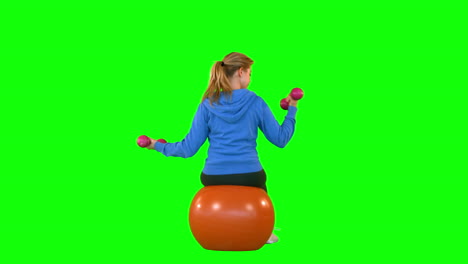 Rückansicht-Einer-Fitten-Frau-Mit-Hantel-Auf-Einem-Gymnastikball-Sitzend
