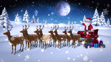 Cartoon-santa-waving-at-camera-with-sled-and-reindeer