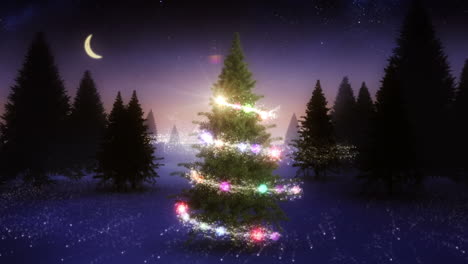 Magisches-Licht-Wirbelt-Um-Verschneiten-Weihnachtsbaum