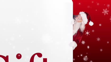 Santa-peeking-around-gift-card-on-festive-background