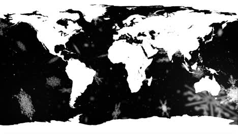 Weltkarte-Vor-Schneeflockenhintergrund