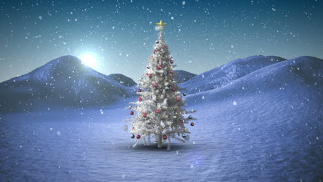 Snow-falling-on-christmas-tree-in-snowy-landscape