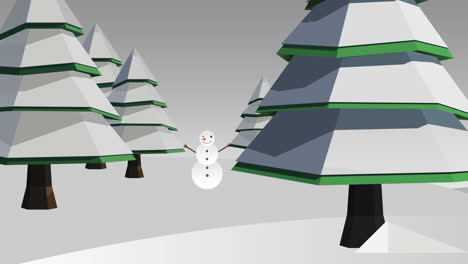 Snowflakes-falling-on-snowy-fir-trees-and-snowman