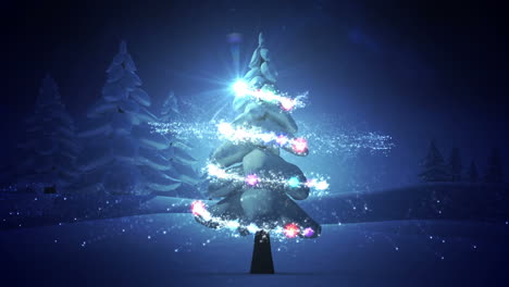 Magic-light-swirling-around-snowy-christmas-tree