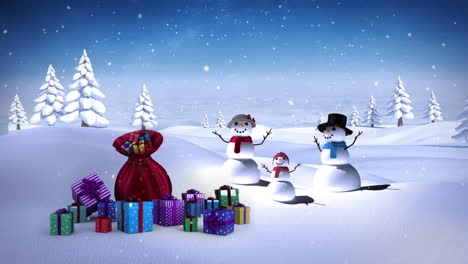 Snowman-with-sack-of-gifts-in-snowy-landscape