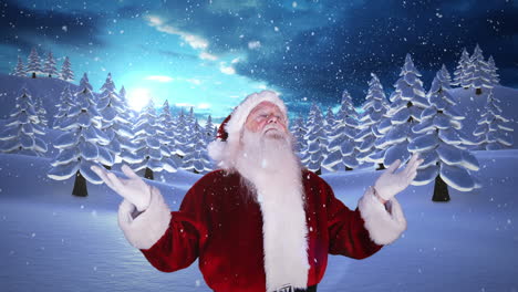 Santa-raising-his-hands-against-snowy-fir-forest