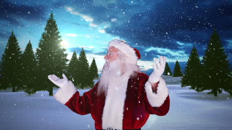 Santa-raising-his-hands-against-snowy-fir-forest