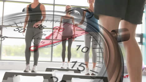Stopwatch-graphic-over-step-aerobics-class