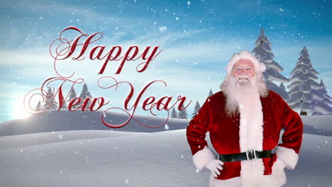 Santa-presenting-new-year-message-against-snowy-fir-forest
