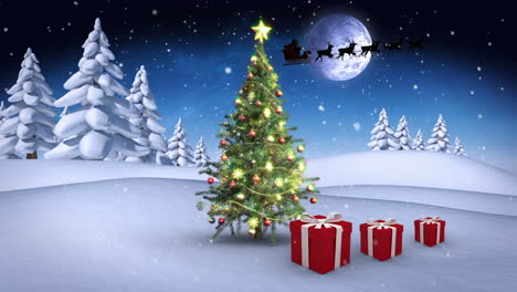 Christmas-presents-bouncing-around-tree-in-winter-setting