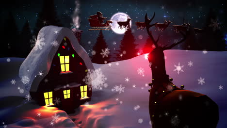 Nahtlose-Weihnachtsszene-Mit-Hütte-Und-Rudolph
