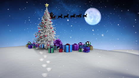 Santa-and-his-sleigh-flying-over-snowy-landscape-with-tree-and-gifts-loopable