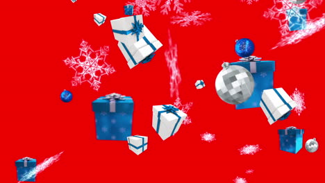 Seamless-christmas-decorations-falling-in-blue-and-silver-on-red