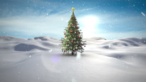 Snow-falling-christmas-tree-in-snowy-landscape