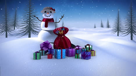 Snow-woman-with-christmas-gifts-in-snowy-landscape