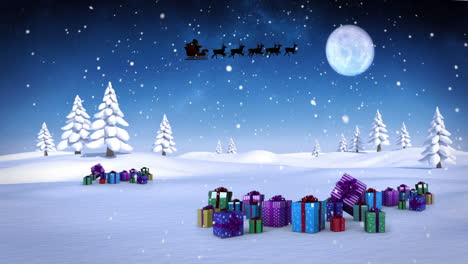 Der-Weihnachtsmann-Fliegt-Mit-Seinem-Schlitten-über-Eine-Verschneite-Landschaft-Mit-Geschenken,-Wiederholbar