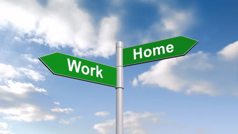 Work-home-signpost-against-blue-sky-