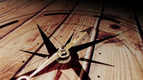 Compass-pointing-on-wooden-surface