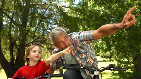 Father-and-son-riding-bikes-in-park