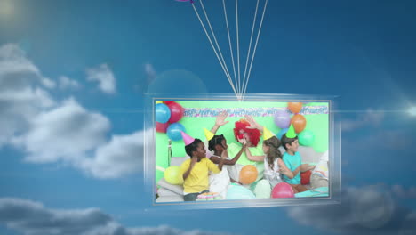 Balloons-carrying-screen-showing-birthday-party