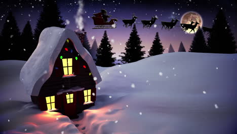 Nahtlose-Weihnachtsszene-Mit-Hütte-Und-Lichtern